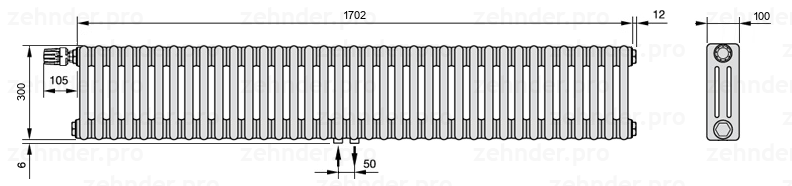 Схема (чертеж) Радиатор Zehnder Charleston 3030/37 №V007 Белый глянцевый RAL 9016